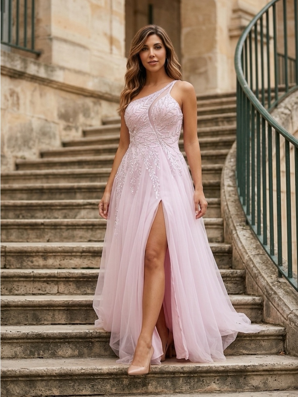 Asymmetric One-Shoulder Pink Evening Gown